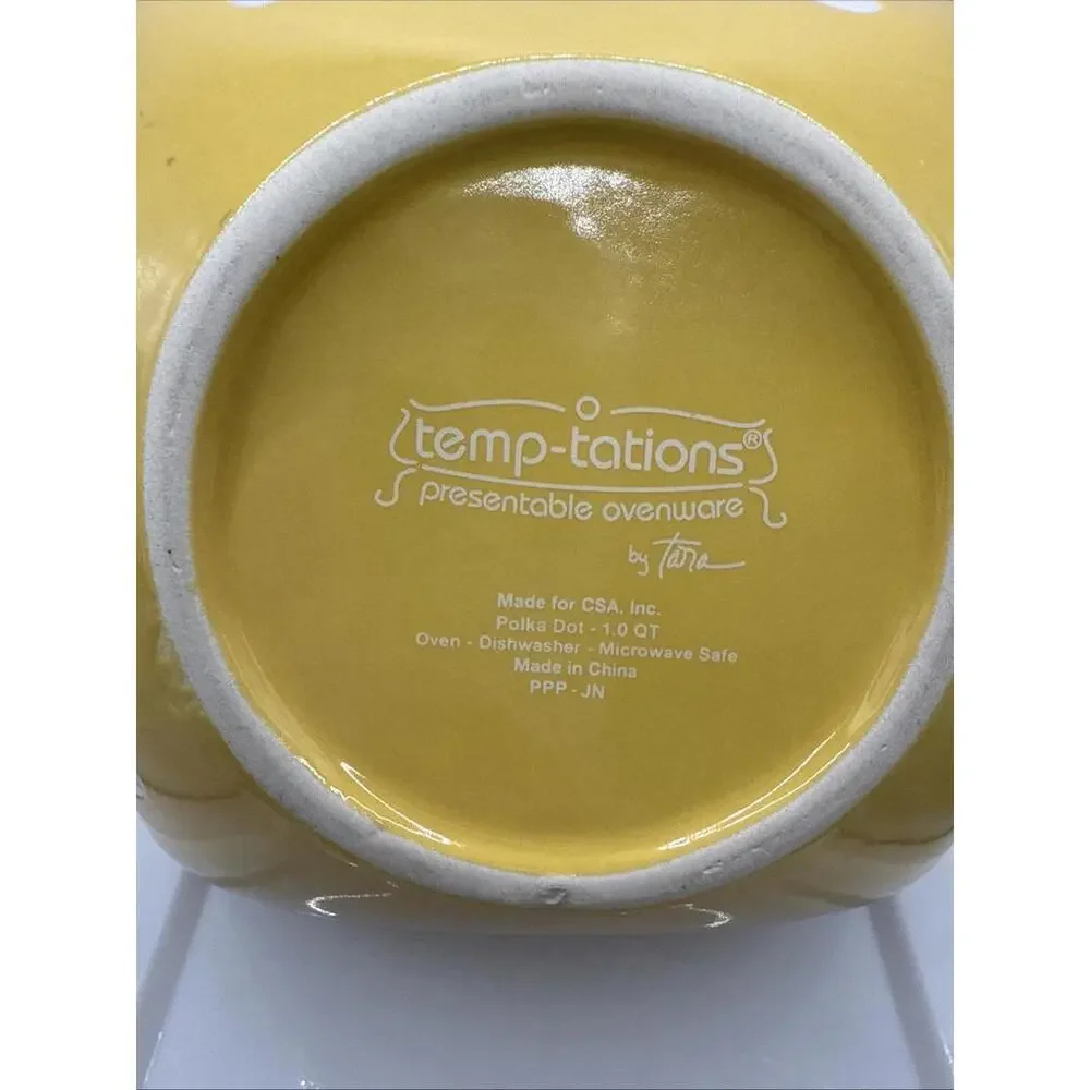 Temptations by Tara Ovenware  1QT /1.5 Qt  Square Bowls Yellow Polka Dot Lid